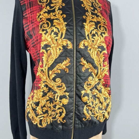 Ralph Lauren Sz L Black Knit Gold Baroque Cotton Quilted Front Zip Cardigan - Picture 4 of 13
